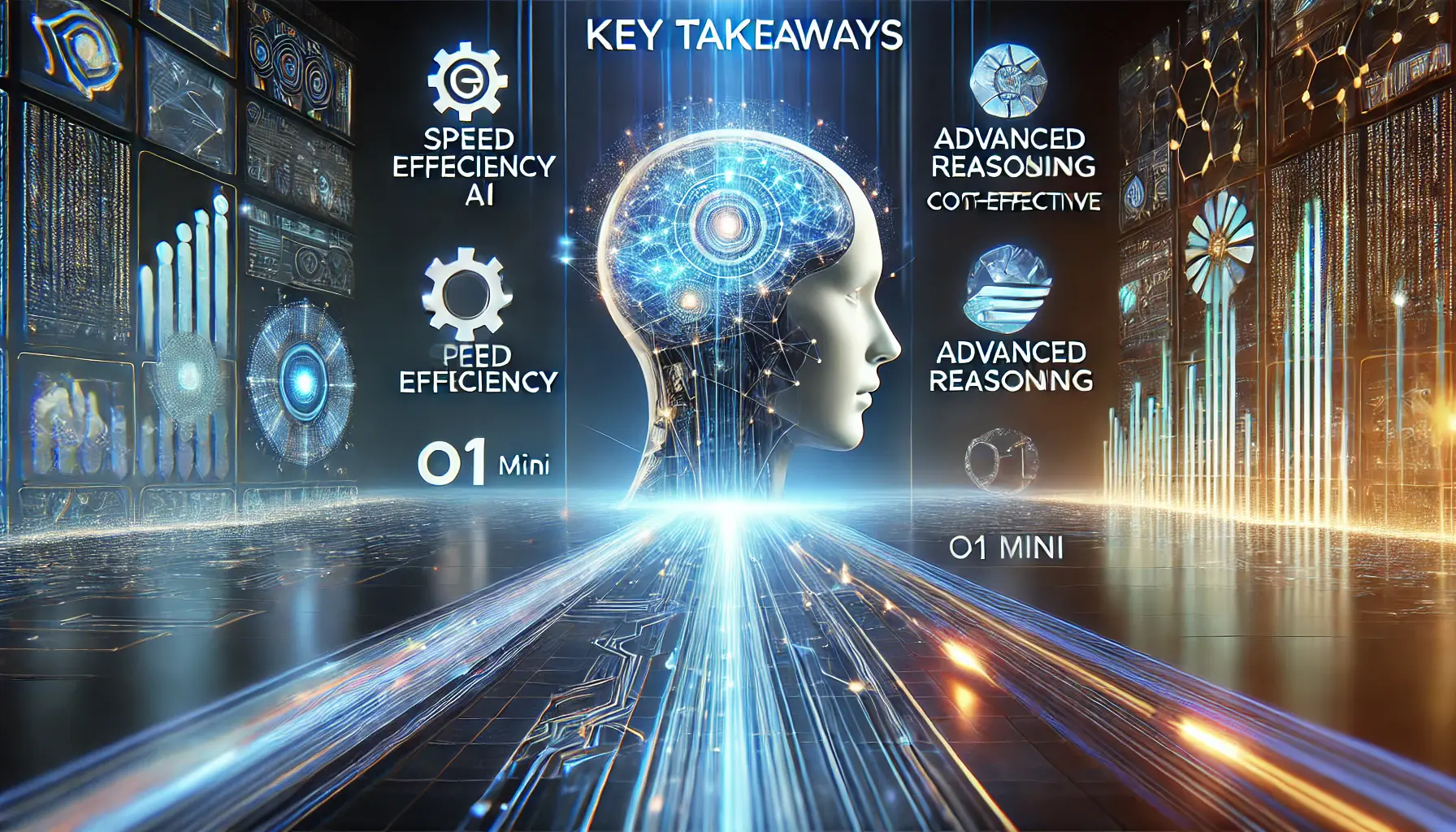 A conceptual depiction of the key takeaways from ChatGPT o1 Mini, showcasing its core capabilities like speed, efficiency, and advanced reasoning.