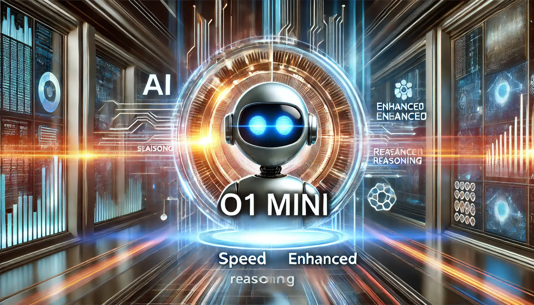 A futuristic and sleek AI system representing ChatGPT o1 Mini, emphasizing its productivity, speed, and enhanced reasoning capabilities.