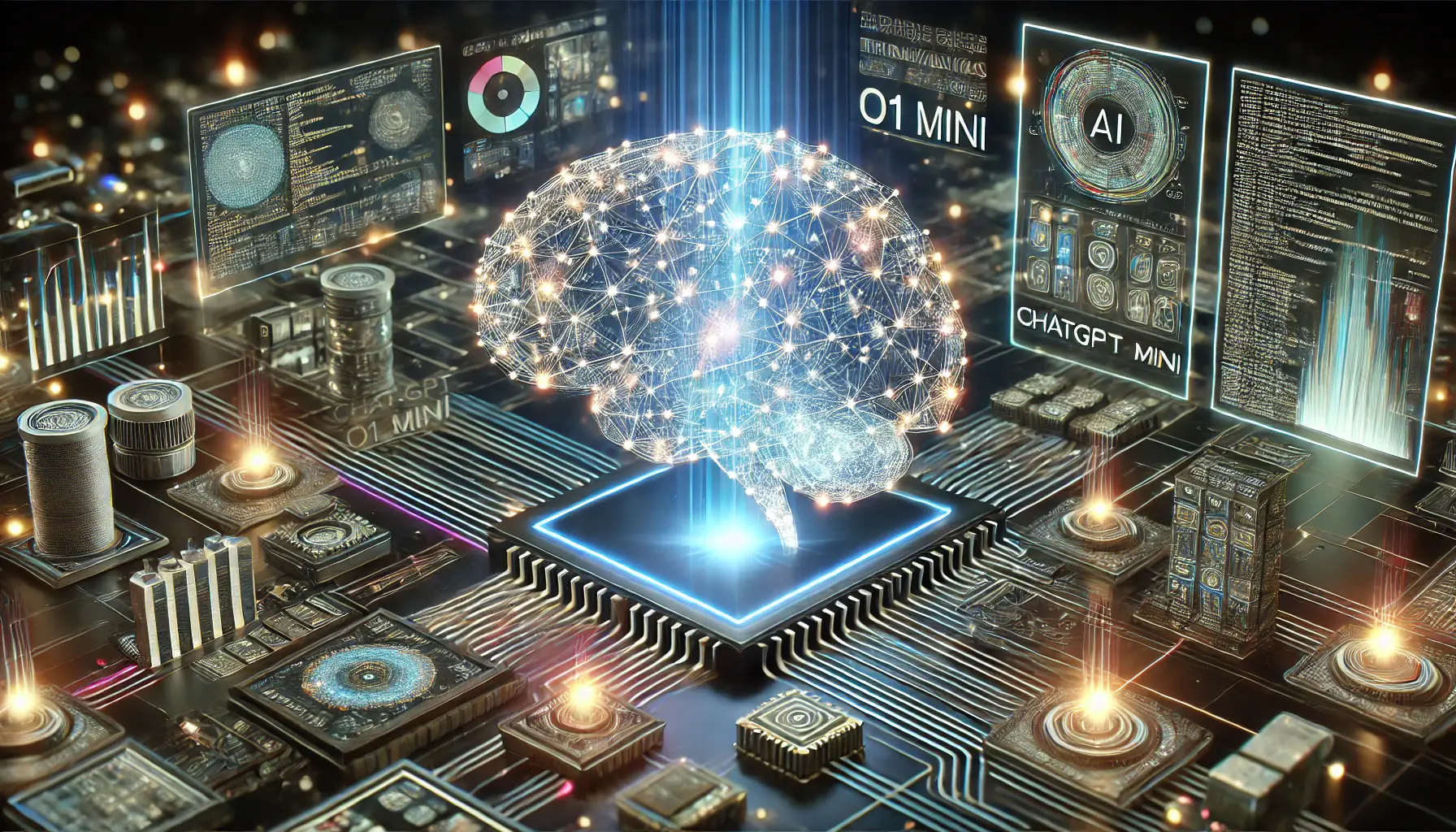 A high-tech visualization of a glowing digital brain with interconnected data streams and neural pathways, symbolizing the key takeaways from ChatGPT o1 mini's powerful capabilities.