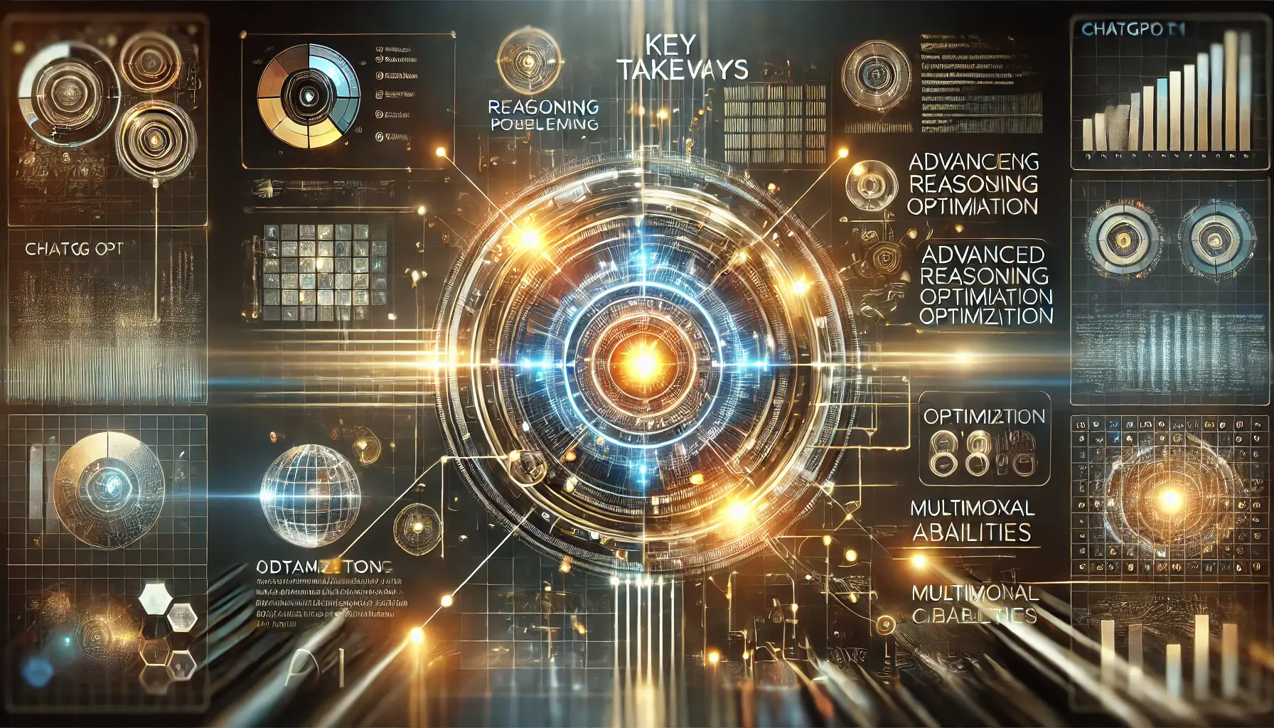 An AI core surrounded by glowing digital elements representing the key features of ChatGPT o1 like reasoning, problem-solving, and multimodal capabilities.