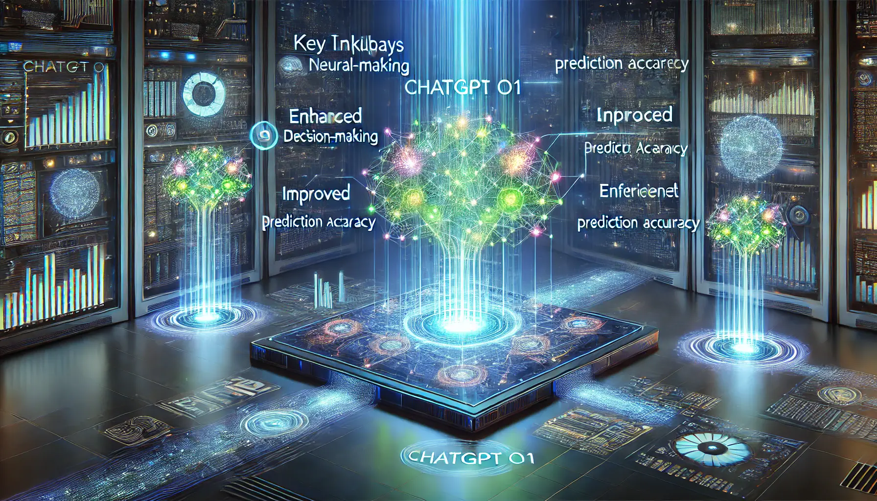 A futuristic AI system showcasing key takeaways from the impact of ChatGPT o1, with glowing neural networks and holographic displays representing improved prediction accuracy and decision-making.