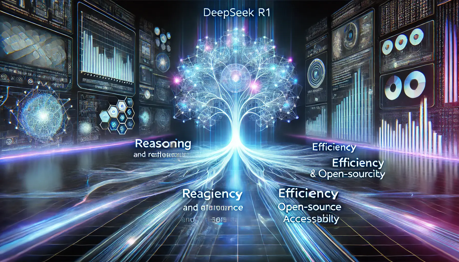 A futuristic AI model glowing with dynamic neural networks, symbolizing the key takeaways from DeepSeek R1, such as reasoning, efficiency, and open-source accessibility.