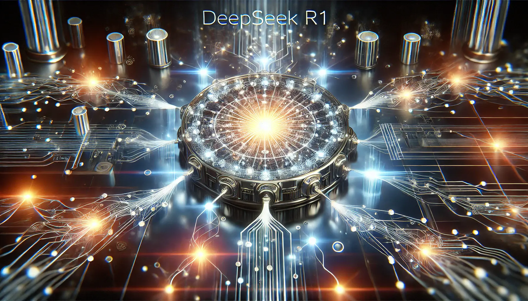 A glowing neural network at the center with interconnected AI nodes, symbolizing the advancements and insights from DeepSeek R1.