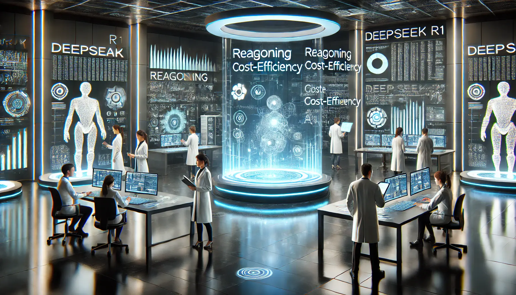 A high-tech lab where researchers analyze key takeaways from DeepSeek R1, with holographic displays showing its performance in reasoning, cost-efficiency, and accessibility.