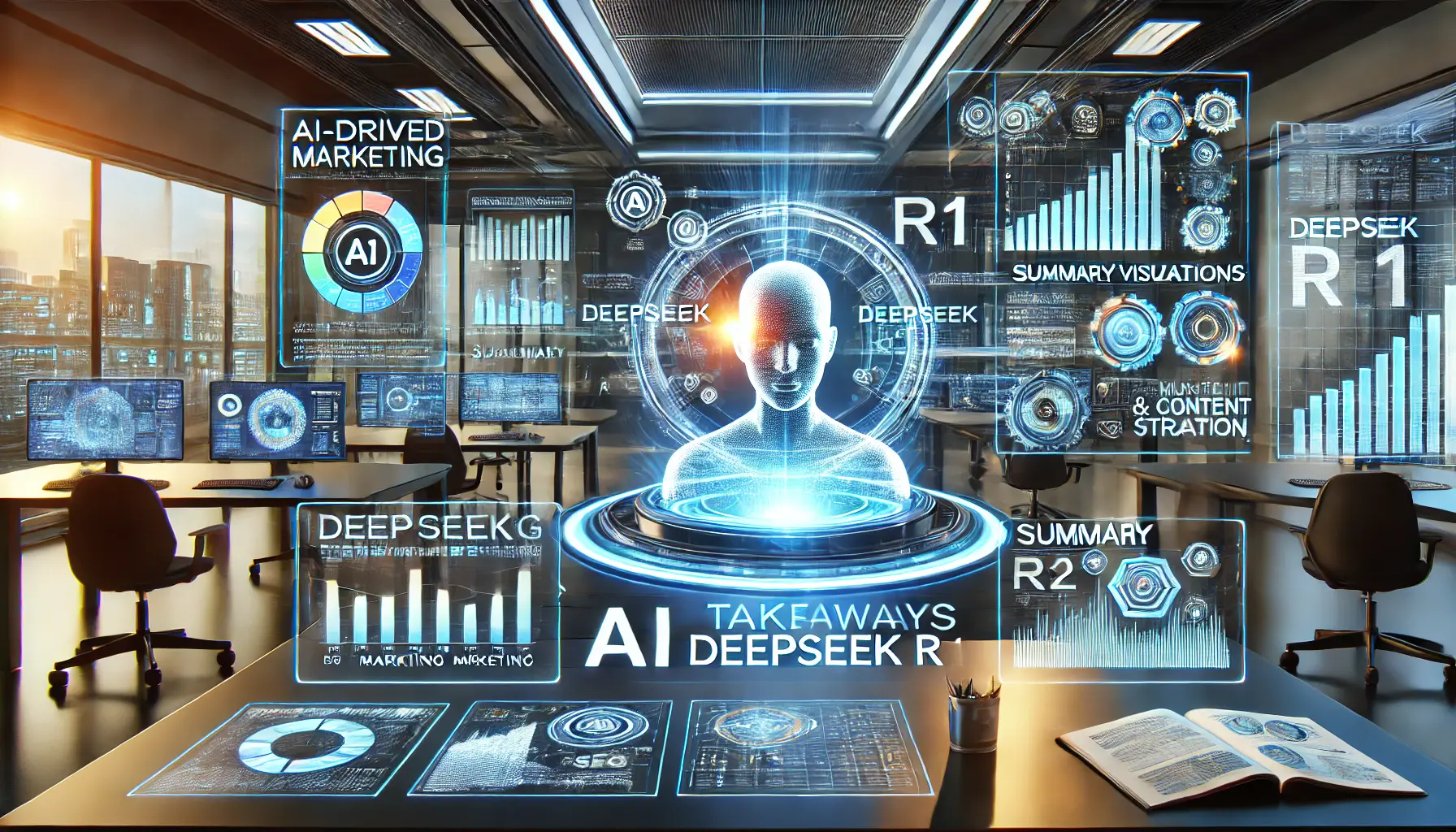 A futuristic workspace summarizing AI-driven insights and key capabilities of DeepSeek R1 in marketing, SEO, and content creation.