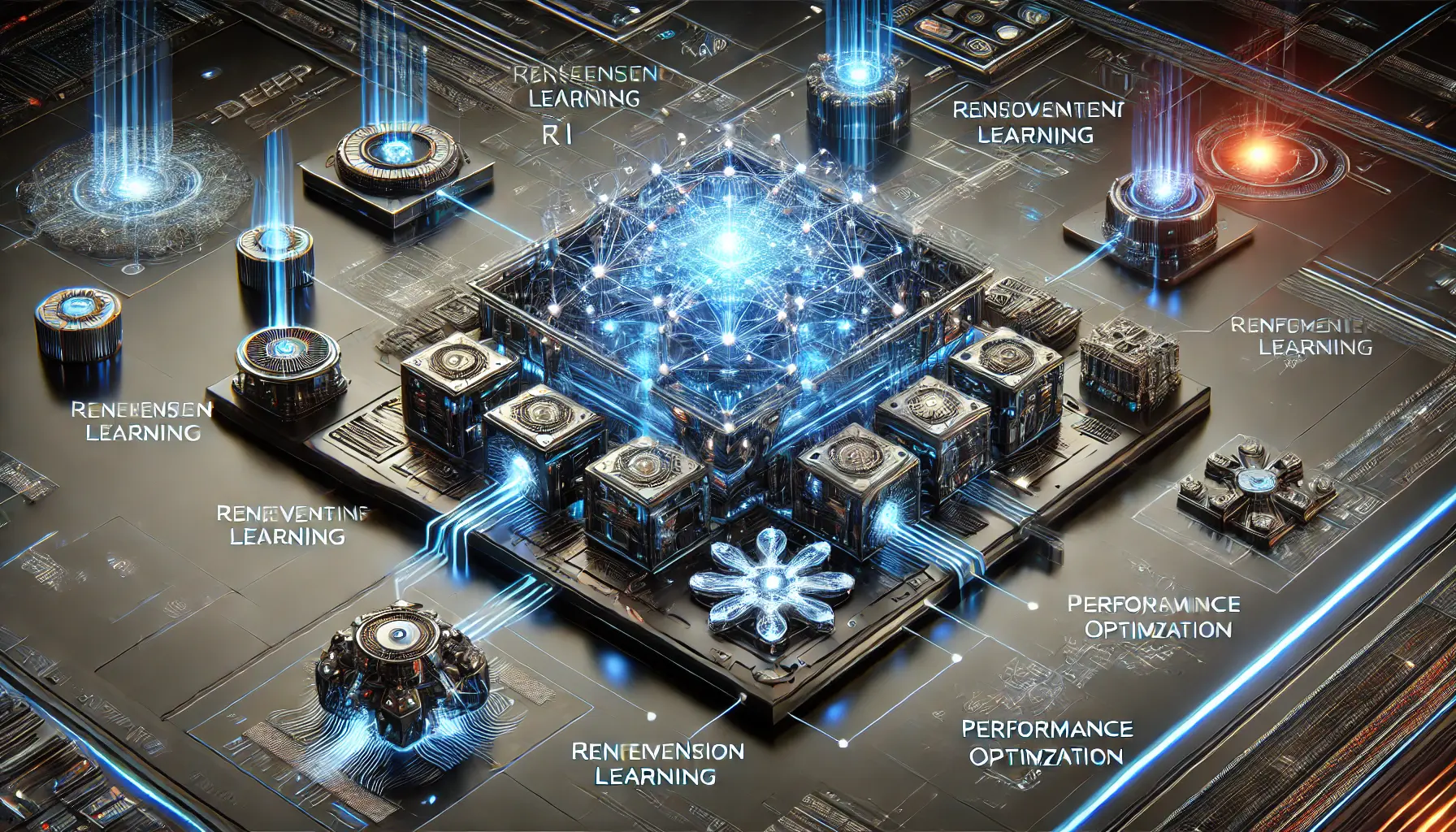 A high-tech visualization of DeepSeek R1’s key components, featuring glowing neural networks, interconnected processing hubs, and optimized data pathways.