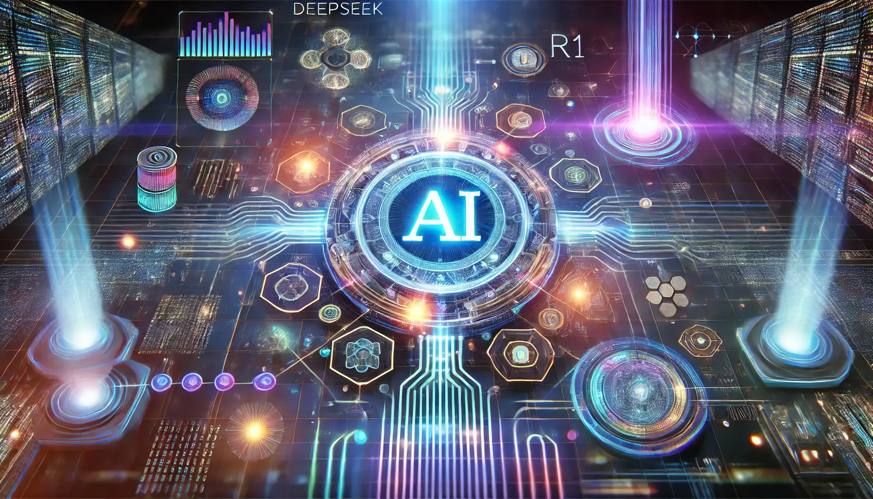 A glowing AI core symbolizing DeepSeek R1, surrounded by digital pathways and interconnected AI systems, with holographic data streams highlighting key capabilities.