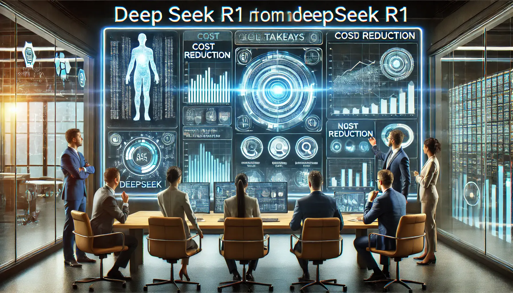 High-tech office where professionals review key takeaways from DeepSeek R1 implementation, focusing on AI-driven business outcomes.