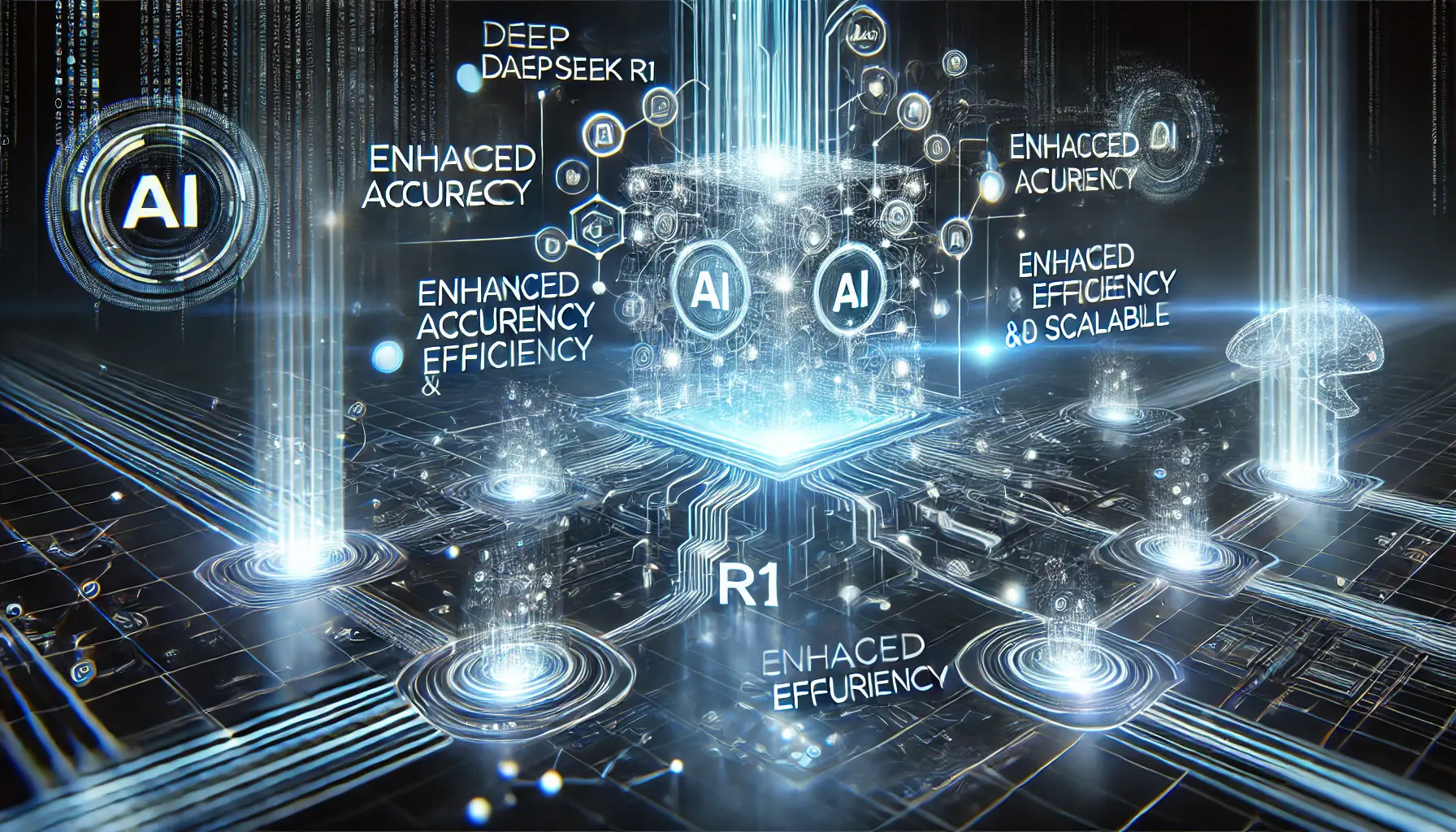 A futuristic visualization showing key takeaways from DeepSeek R1 implementation, with glowing data streams and neural networks.