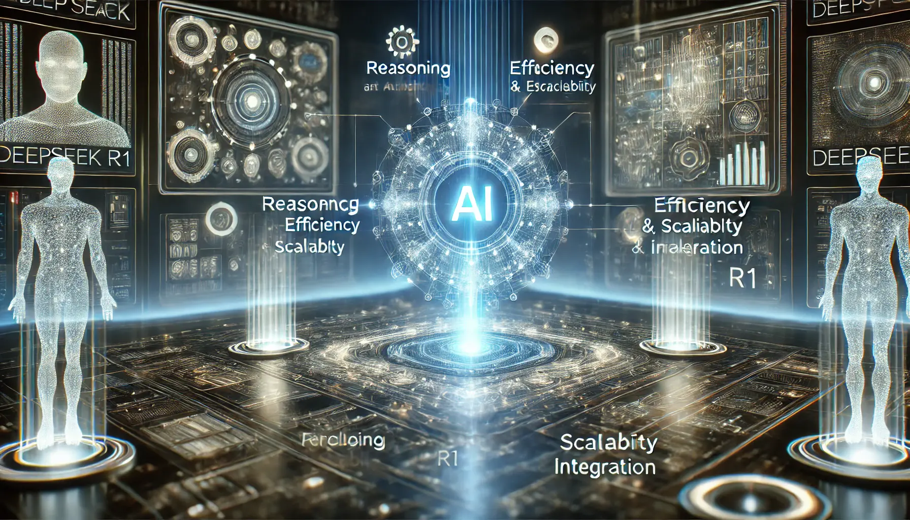 A futuristic AI system showcasing its core features with glowing AI nodes and interconnected data pathways representing reasoning, efficiency, scalability, and integration.