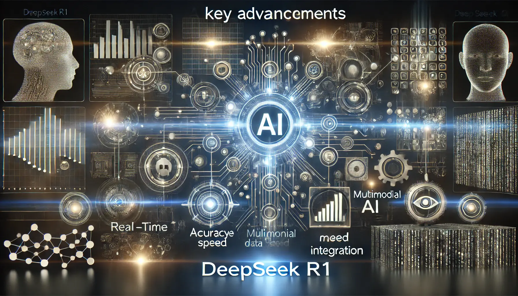 A high-tech AI interface displaying advancements in DeepSeek R1, showcasing breakthroughs in accuracy, speed, and integration.