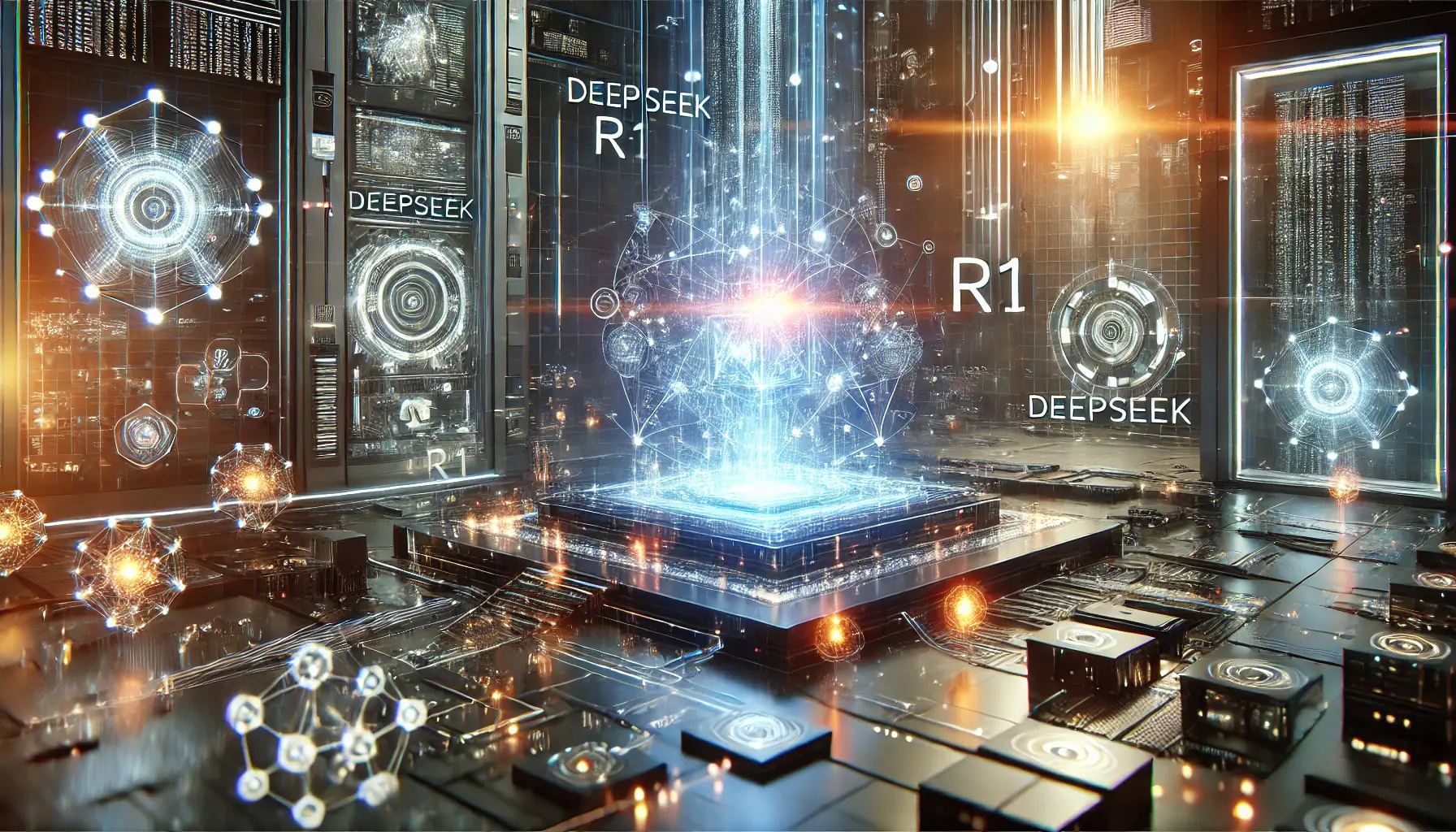 A futuristic AI system processing vast amounts of data and delivering personalized interactions, showcasing DeepSeek R1's capabilities.