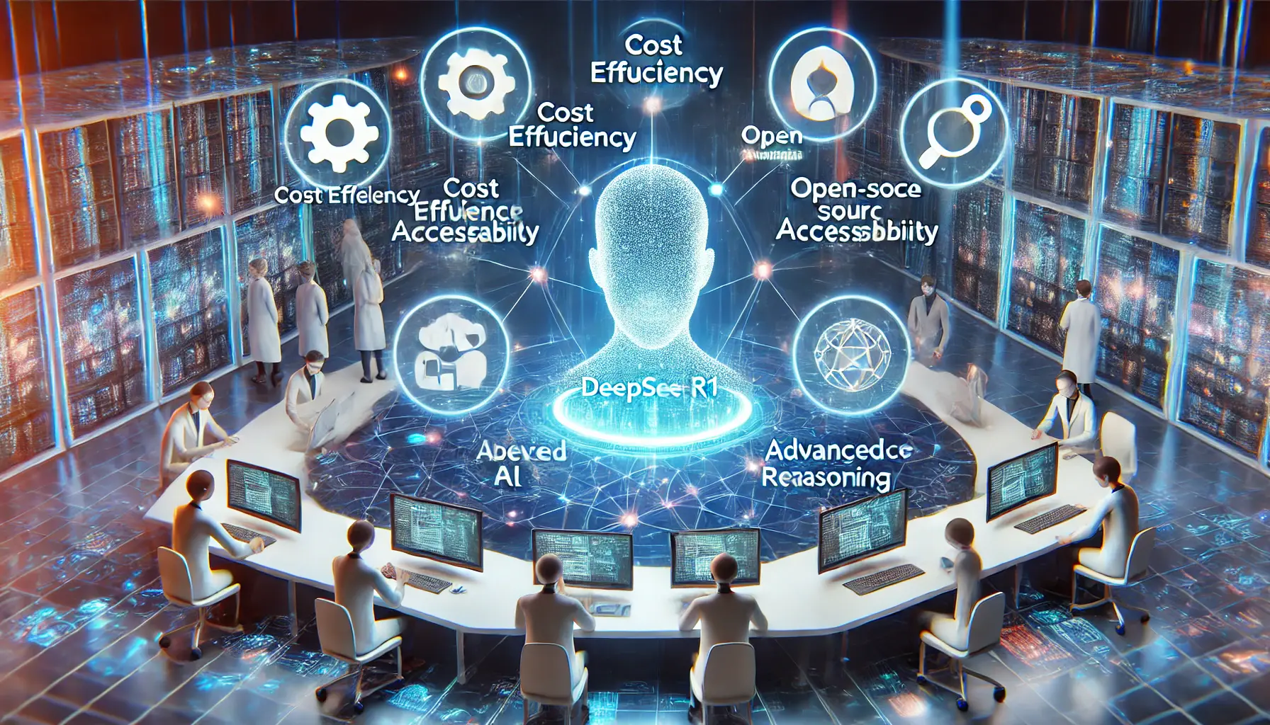 A futuristic AI development lab displaying key takeaways from DeepSeek R1’s development, including cost efficiency, open-source accessibility, and advanced reasoning.