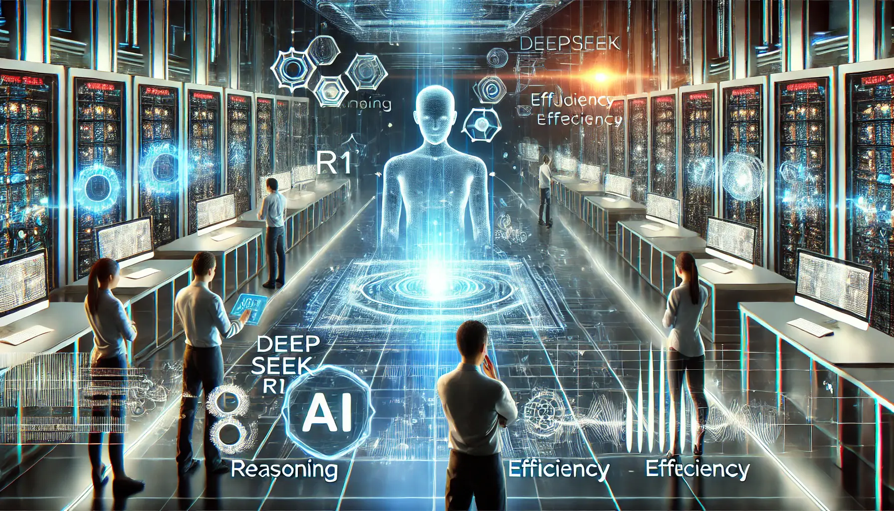 A high-tech AI environment showing engineers analyzing holographic representations of DeepSeek R1’s development, highlighting key advancements.