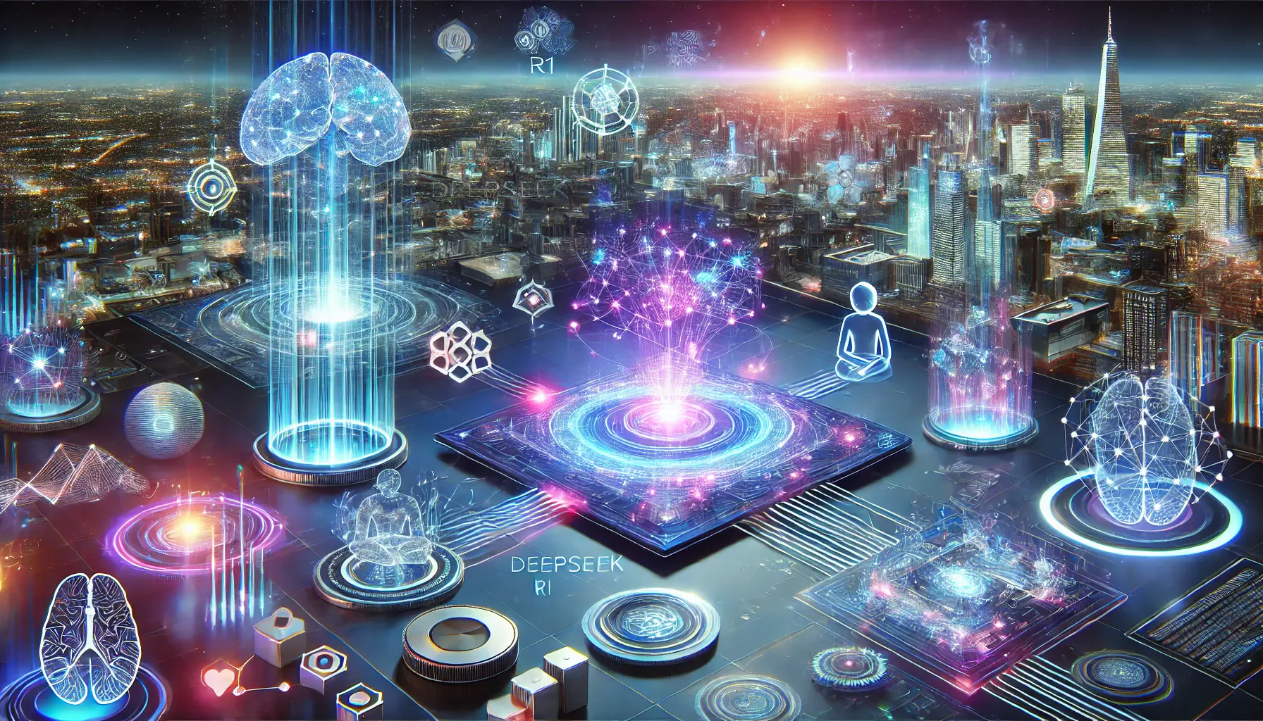 A high-tech depiction of DeepSeek R1’s impact, showing interconnected neural networks and holographic representations of AI applications across various industries.