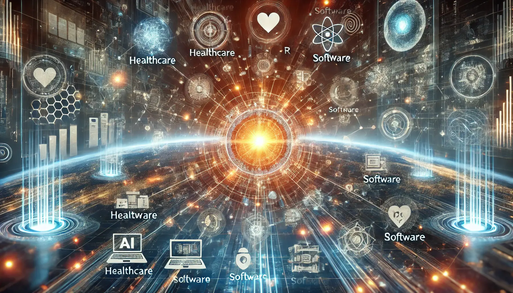 A futuristic digital landscape showcasing the key takeaways from DeepSeek R1’s impact on the AI industry. The image features an advanced AI model at the center, radiating energy that creates glowing connections to various sectors like healthcare, software, and robotics. Each sector is represented by dynamic digital elements, such as neural networks, data streams, and holographic displays, symbolizing the transformative effects of DeepSeek R1. The background includes interconnected global networks, emphasizing the far-reaching impact of this AI model.