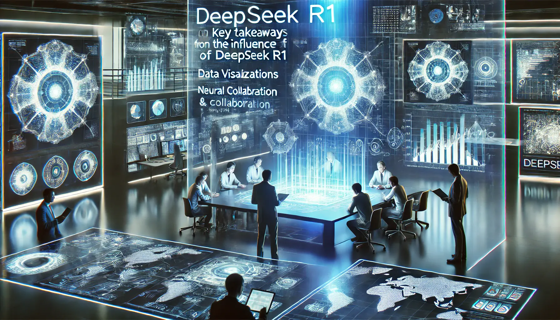 A futuristic AI research lab with holographic displays showing key takeaways from DeepSeek R1's influence on AI technology and global collaboration.