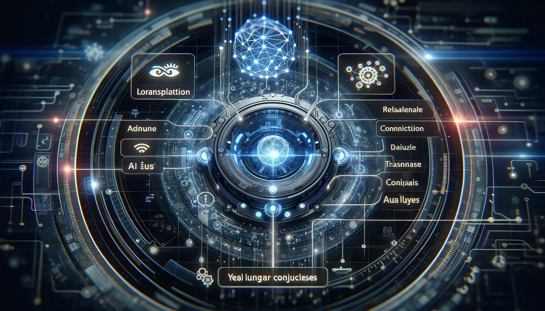 A futuristic digital interface showcasing the multilingual capabilities of DeepSeek R1 with a glowing neural network and dynamic data flows.