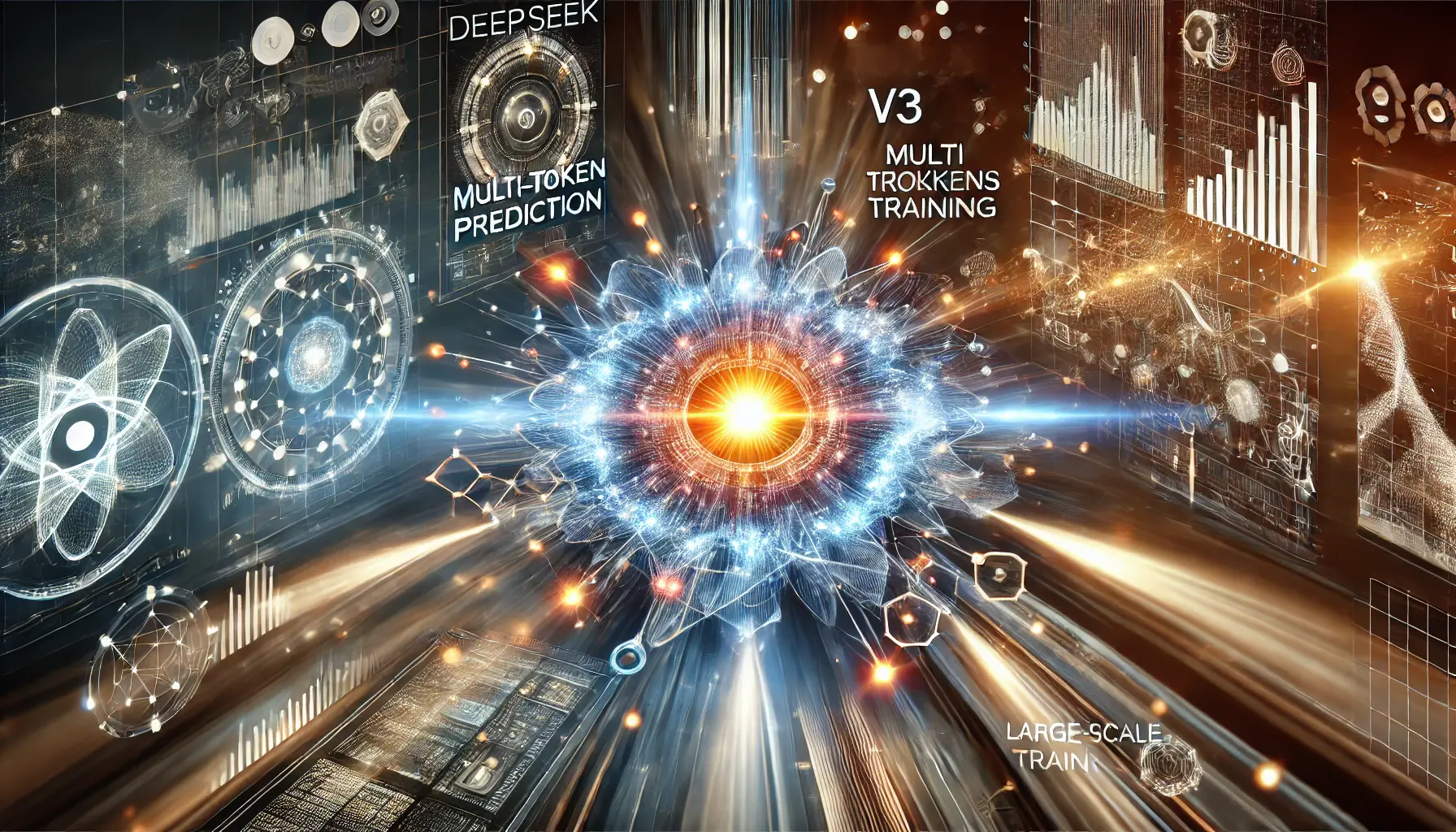 A high-tech visualization of DeepSeek v3’s key takeaways, with a radiant AI core at the center and interconnected data streams flowing outward, symbolizing performance and technological advancements.