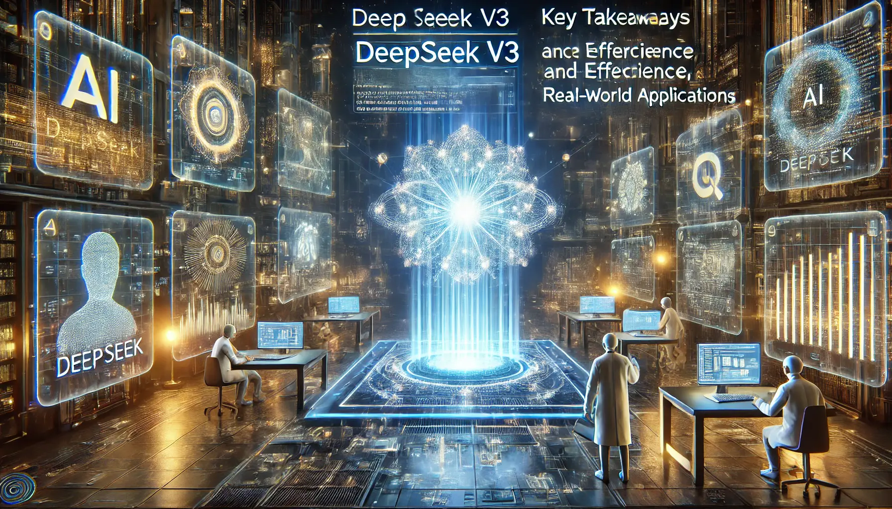 Futuristic AI data hub with holographic displays showcasing the key advancements of DeepSeek v3, including efficiency, performance, and applications.