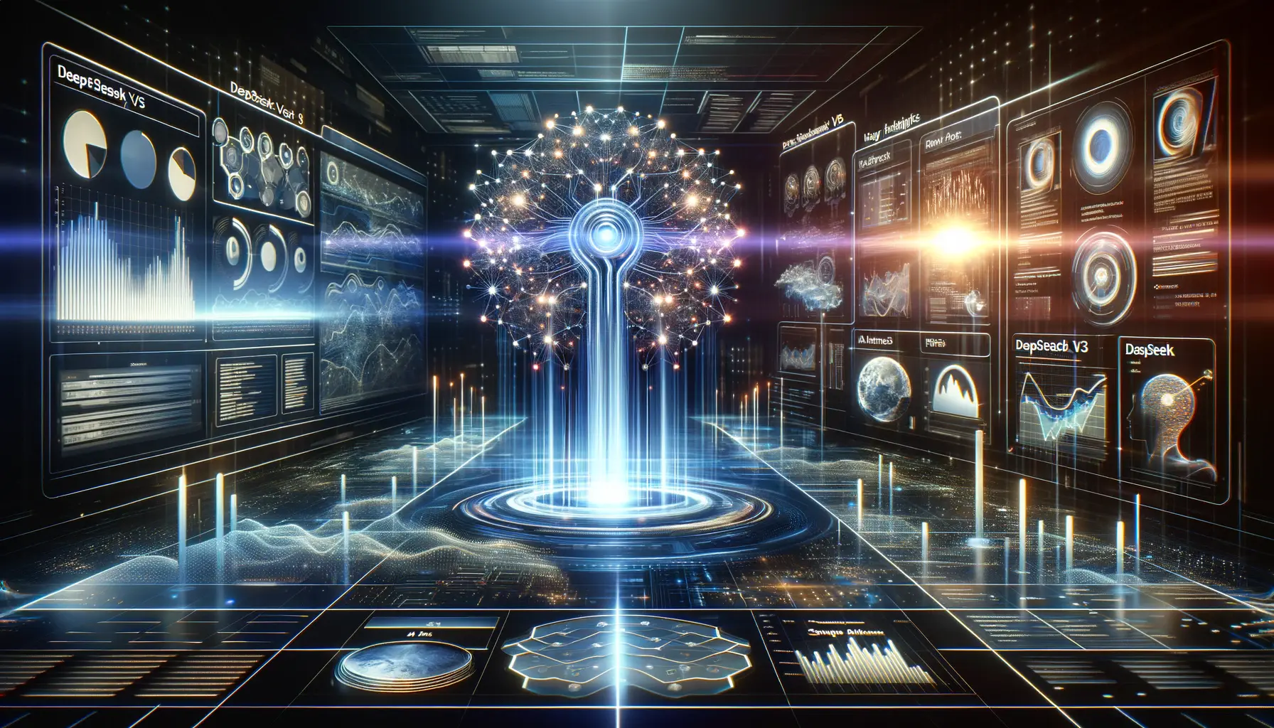 A futuristic digital concept showing glowing neural networks processing data and key metrics, highlighting the capabilities of DeepSeek v3.