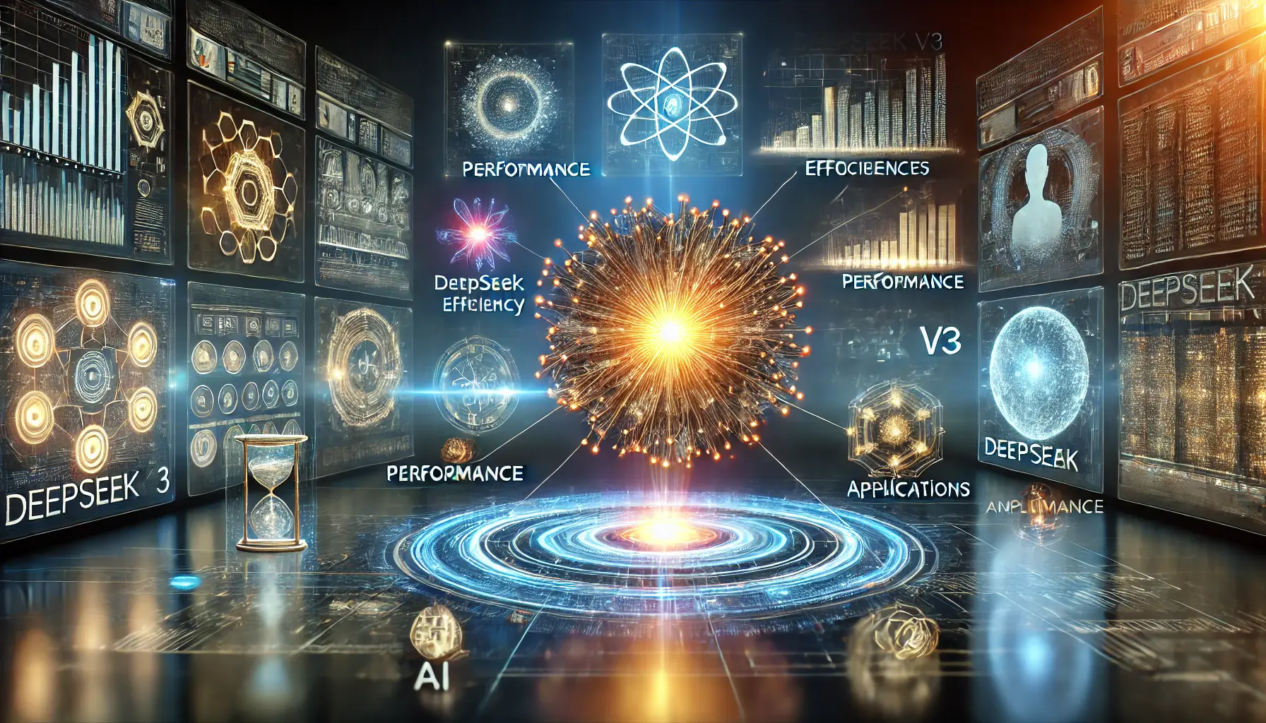 A futuristic representation of the key takeaways from DeepSeek v3, featuring a glowing neural network and holographic AI technologies in a modern environment.