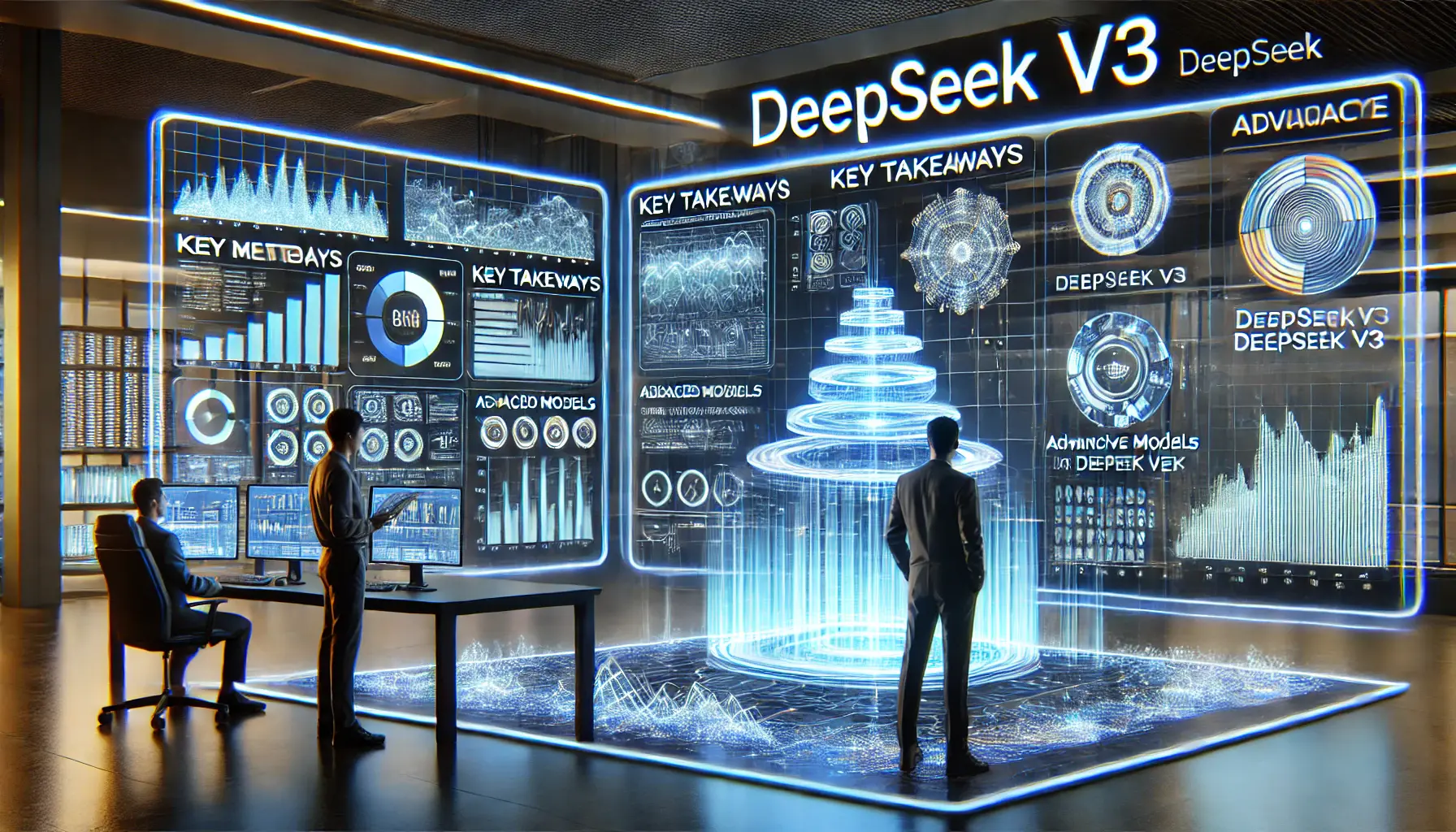 A futuristic AI lab where engineers and data scientists analyze key takeaways and insights from DeepSeek v3's performance, focusing on efficiency and scalability.