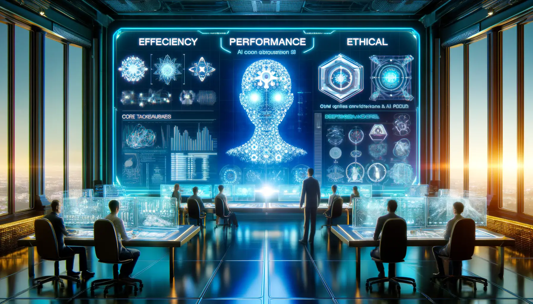 A high-tech AI control room displaying the key attributes of DeepSeek v3, with professionals analyzing AI models and glowing visuals representing its core features.