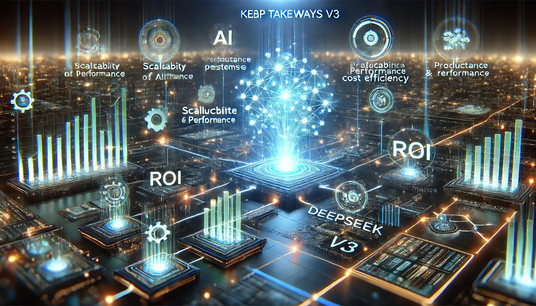 A futuristic digital environment highlighting key takeaways from DeepSeek v3 implementation, with glowing data flows, performance metrics, and efficiency indicators.