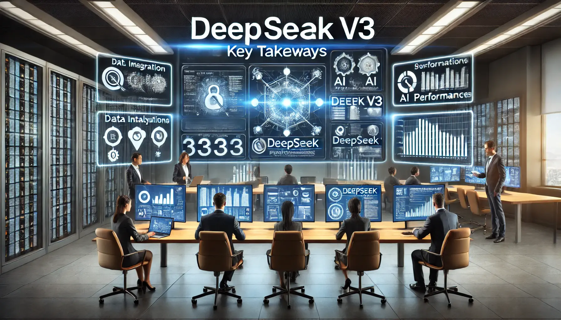 A modern workspace with IT professionals monitoring DeepSeek v3 implementation, displaying data analytics and AI performance metrics on multiple screens.