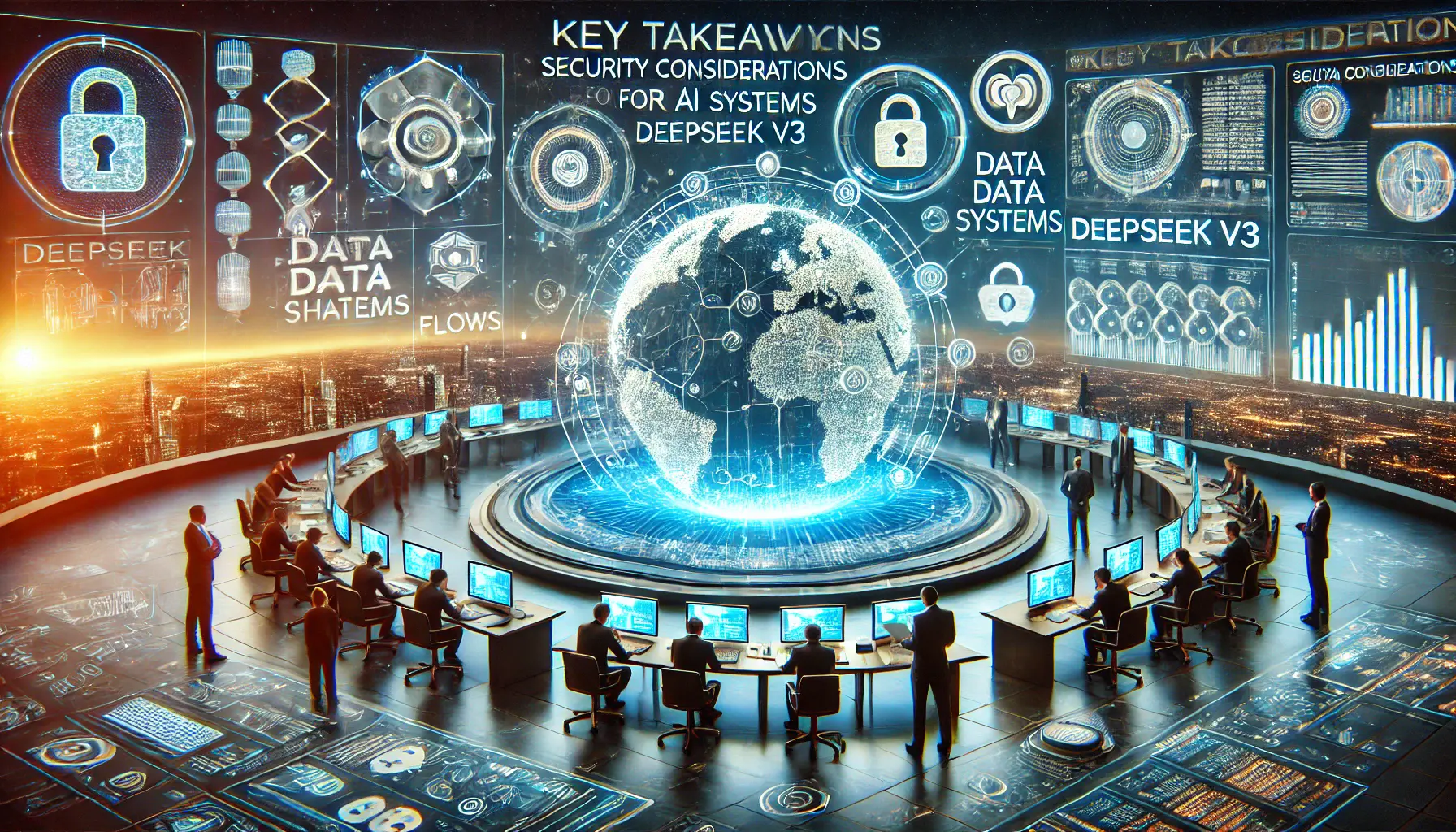 Professionals in a secure control room analyzing AI system security considerations with holographic security shields, encrypted data flows, and surveillance tools.