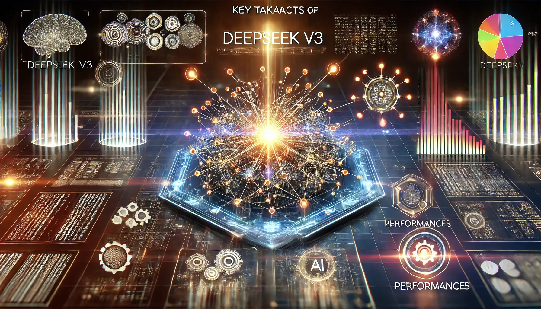 A futuristic visualization showing key aspects of DeepSeek v3 with a neural network at the center, surrounded by dynamic data flows and performance metrics.