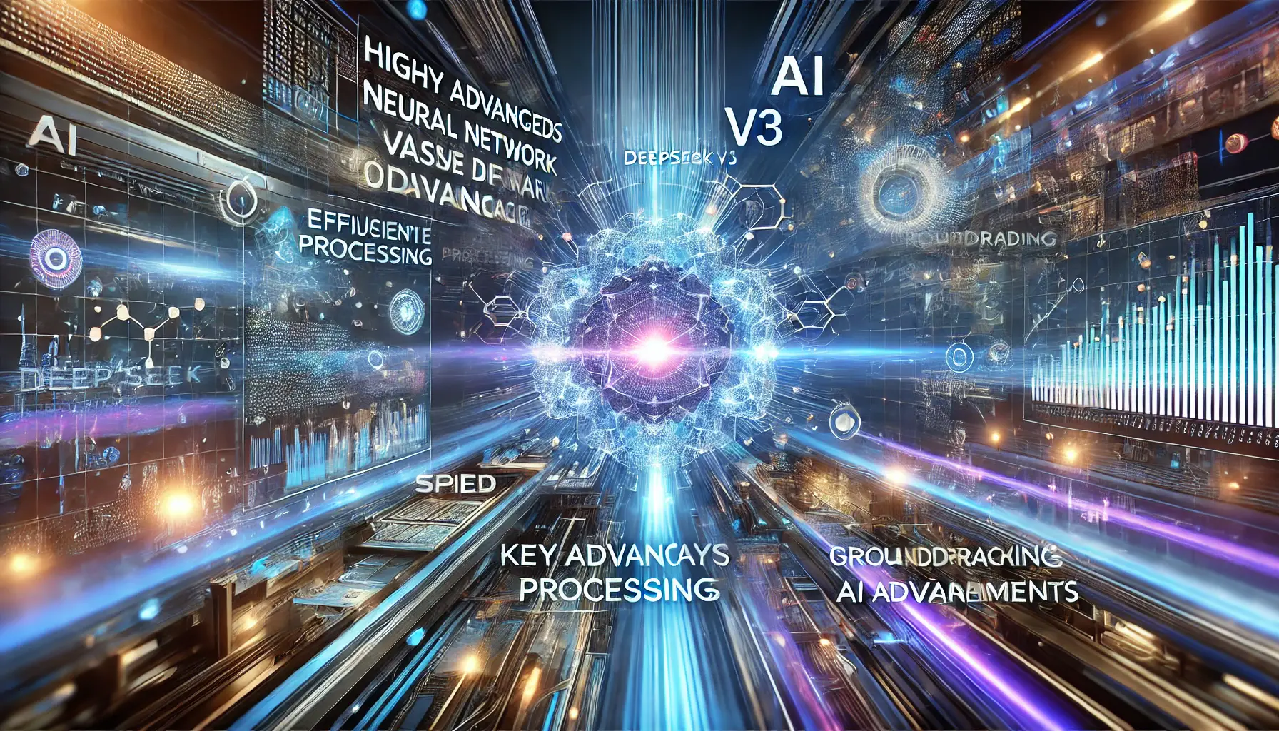 A futuristic AI visualization showcasing a highly advanced neural network processing diverse data streams in a dynamic, high-tech environment with glowing pathways.