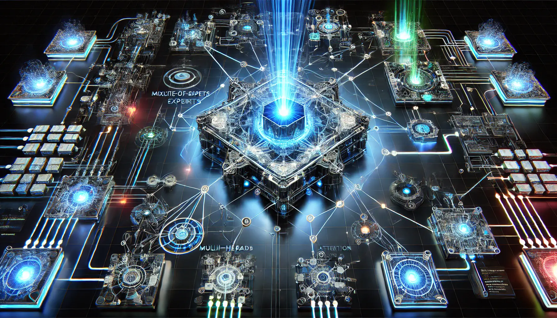 A high-tech visualization of the key takeaways from DeepSeek v3's architecture, showing interconnected neural network components like the MoE framework and Multi-Head Latent Attention.