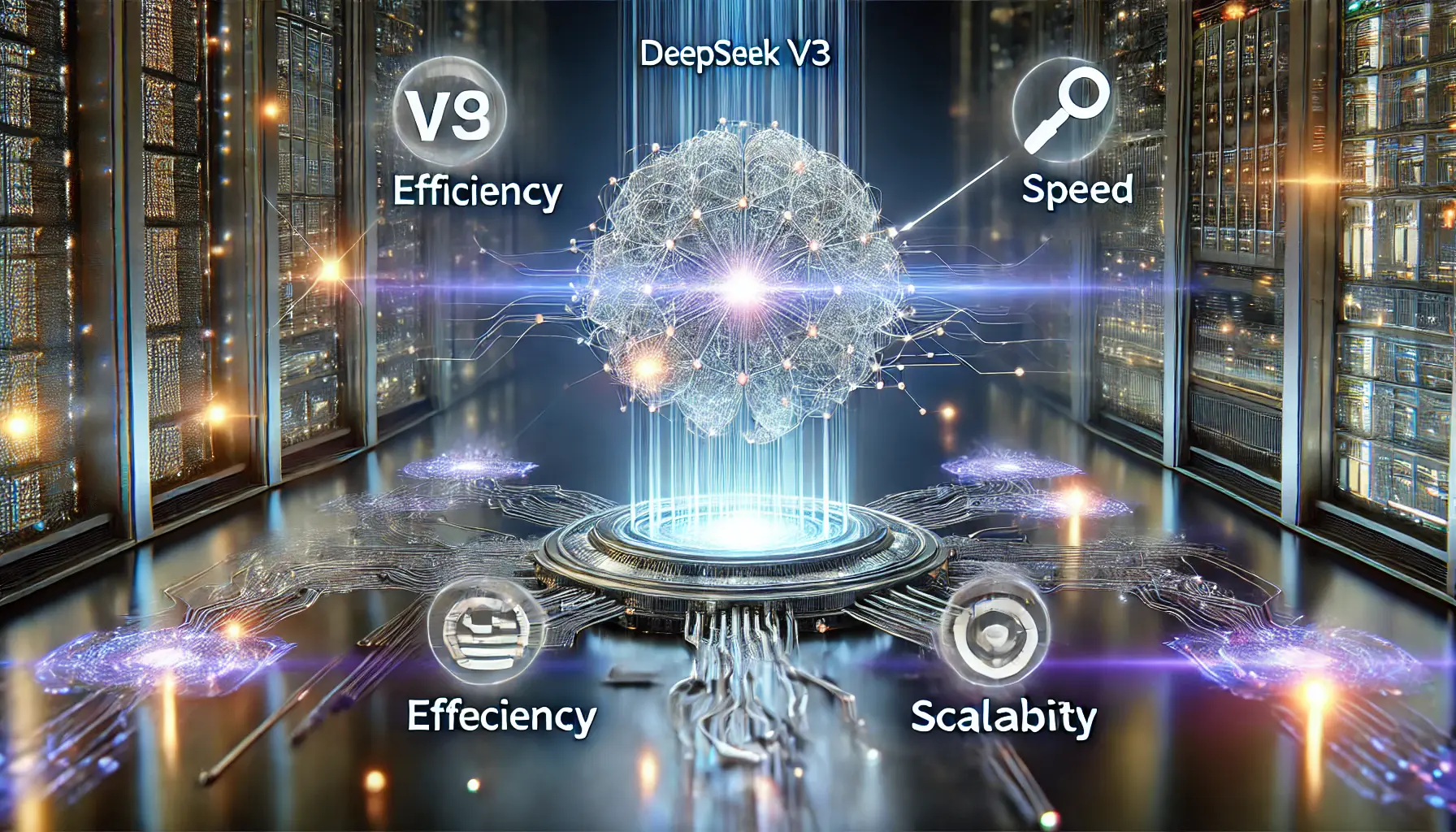 A futuristic digital environment visualizing the key takeaways from DeepSeek v3's features and performance, with a glowing neural network and data streams.