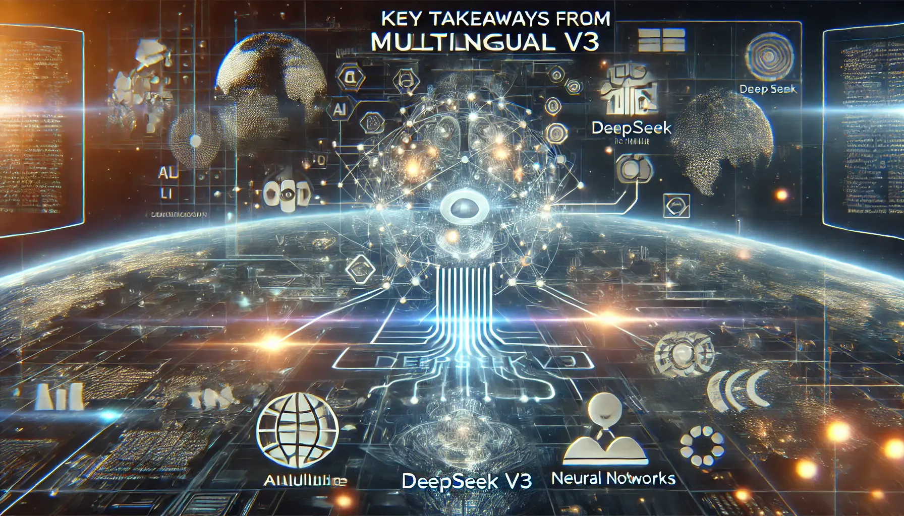 A digital representation of key takeaways from DeepSeek v3’s multilingual capabilities, with neural networks and data streams.