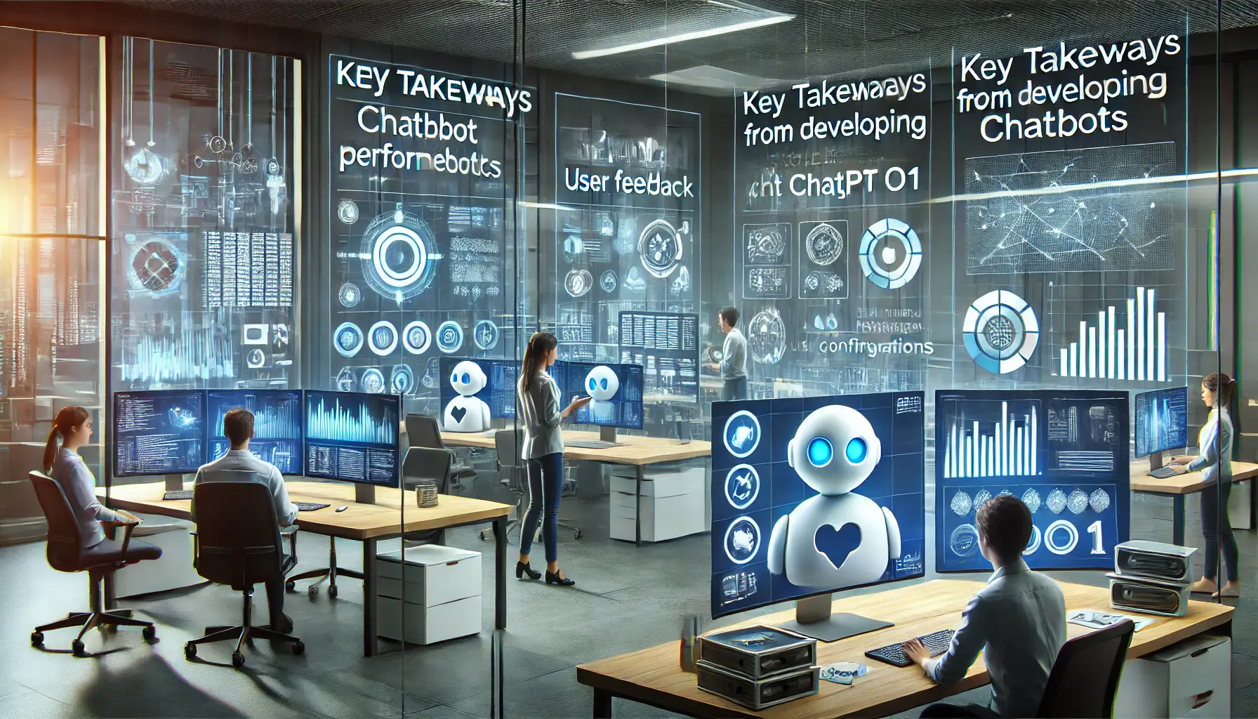 A modern AI development workspace where engineers are analyzing chatbot performance metrics and fine-tuning configurations, with digital screens showing graphs and neural networks.