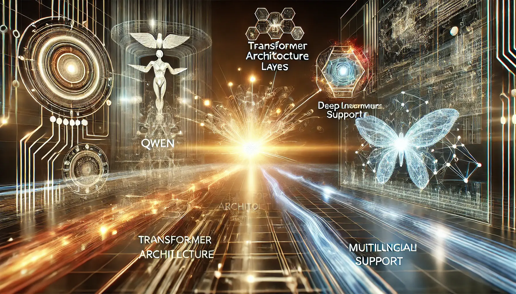 A futuristic digital representation of Qwen's architecture, showcasing the core components and advanced features of the AI model.