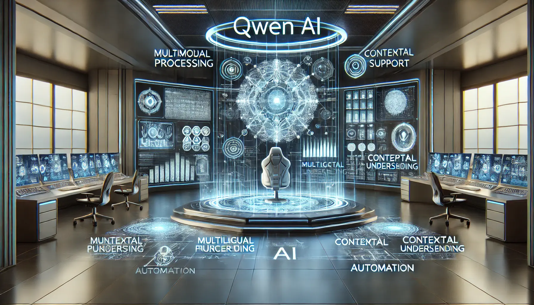 A high-tech digital environment showcasing Qwen's advanced AI capabilities such as multimodal processing, multilingual support, and automation.