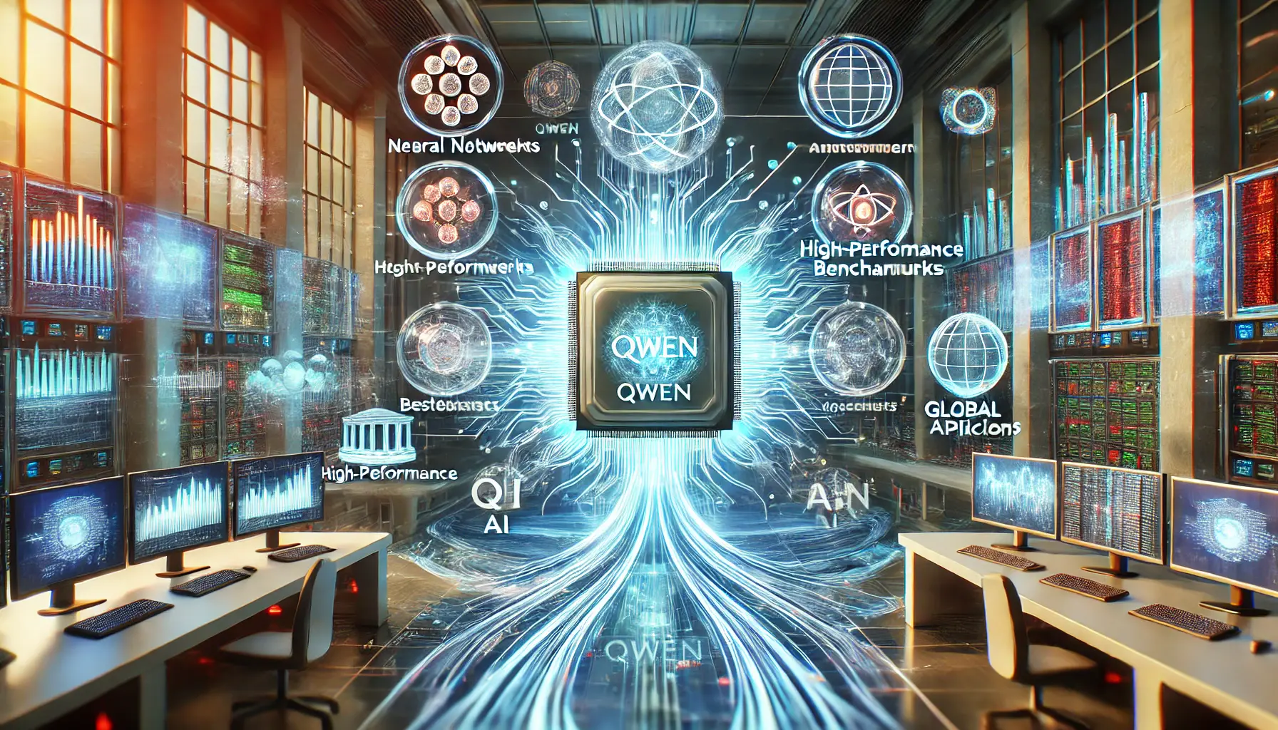 A futuristic visualization of the key takeaways from Qwen's AI development, with holographic representations of milestones and data streams.