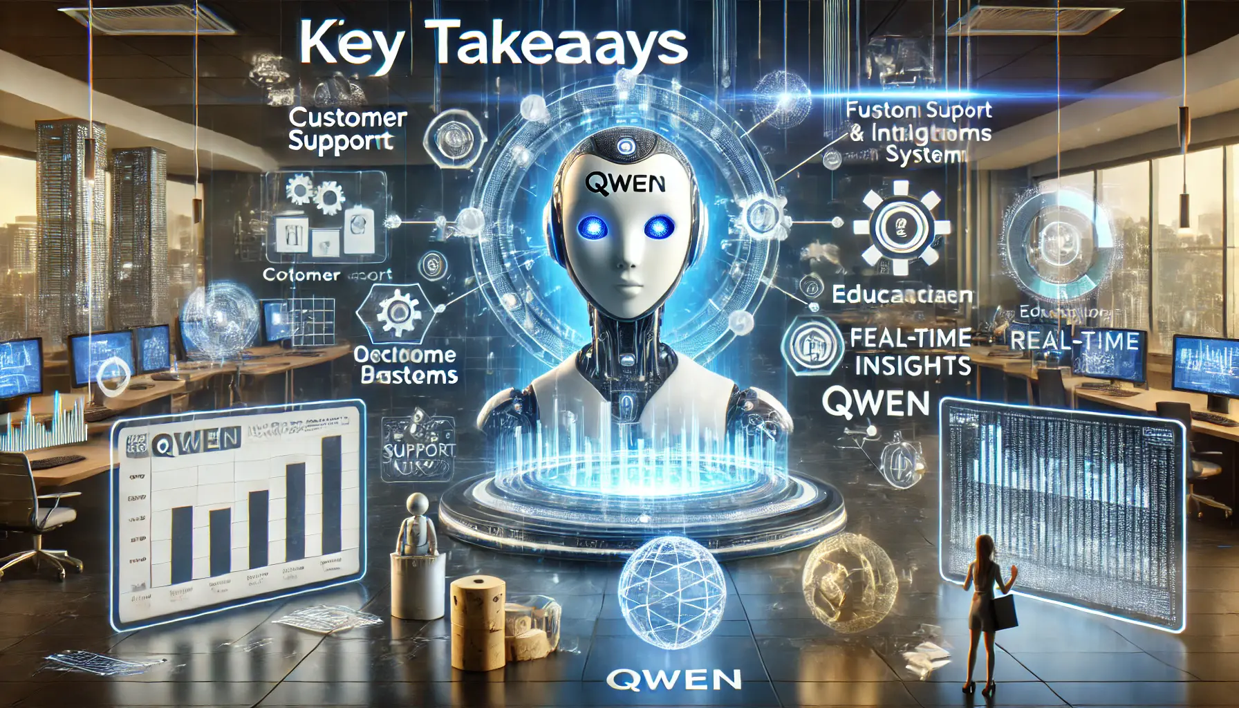 A high-tech environment showing Qwen-powered AI interacting with various platforms, including customer support, financial tools, and educational software.