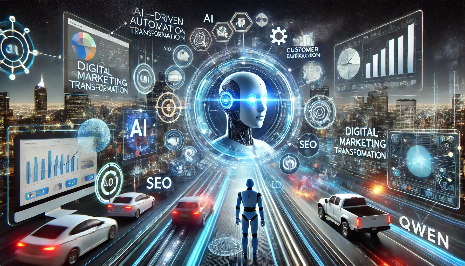 A futuristic concept of digital marketing transformation with AI-driven automation enhancing content creation, SEO, customer engagement, and ad optimization.