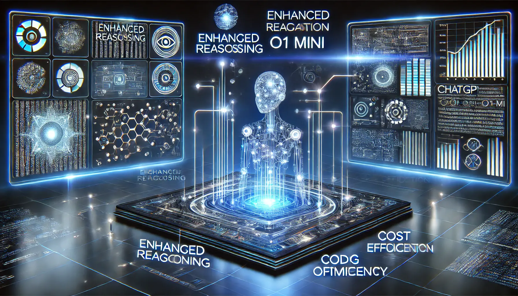 A futuristic AI system summarizing the key features of ChatGPT o1 Mini, such as enhanced reasoning, coding optimization, and cost efficiency.