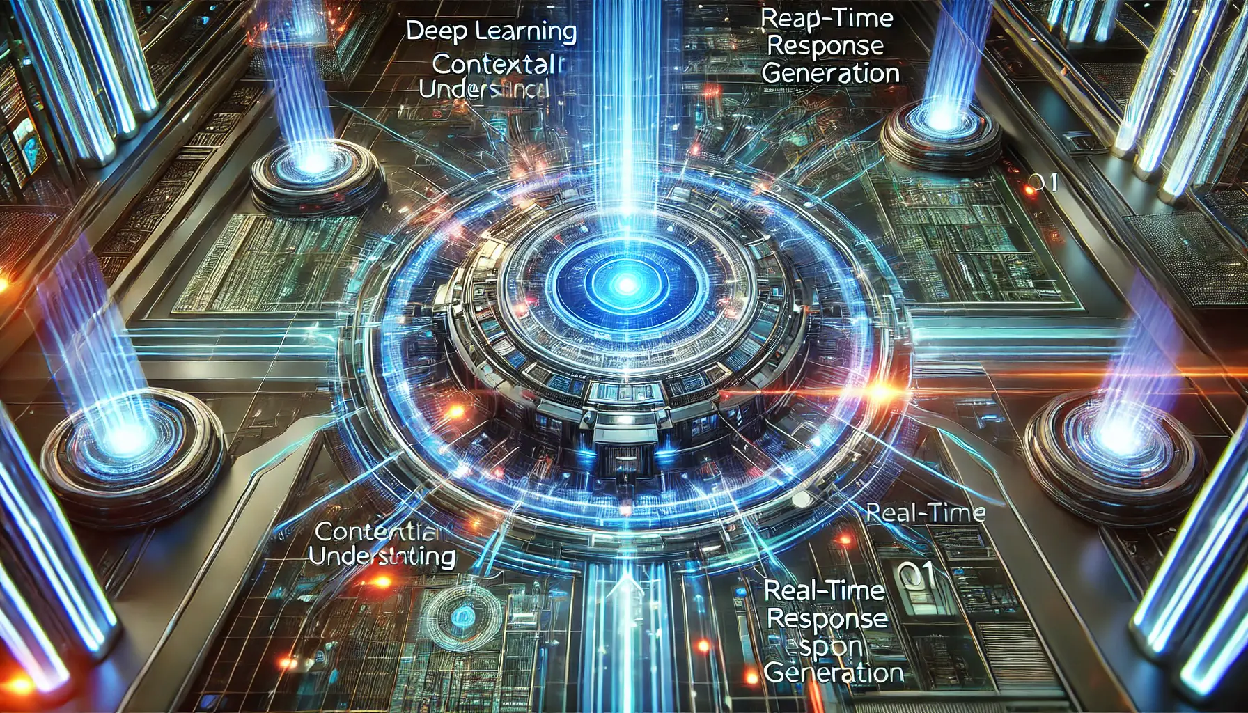 A futuristic AI core surrounded by dynamic data streams and holographic interfaces, symbolizing ChatGPT o1's key features like deep learning and real-time responses.