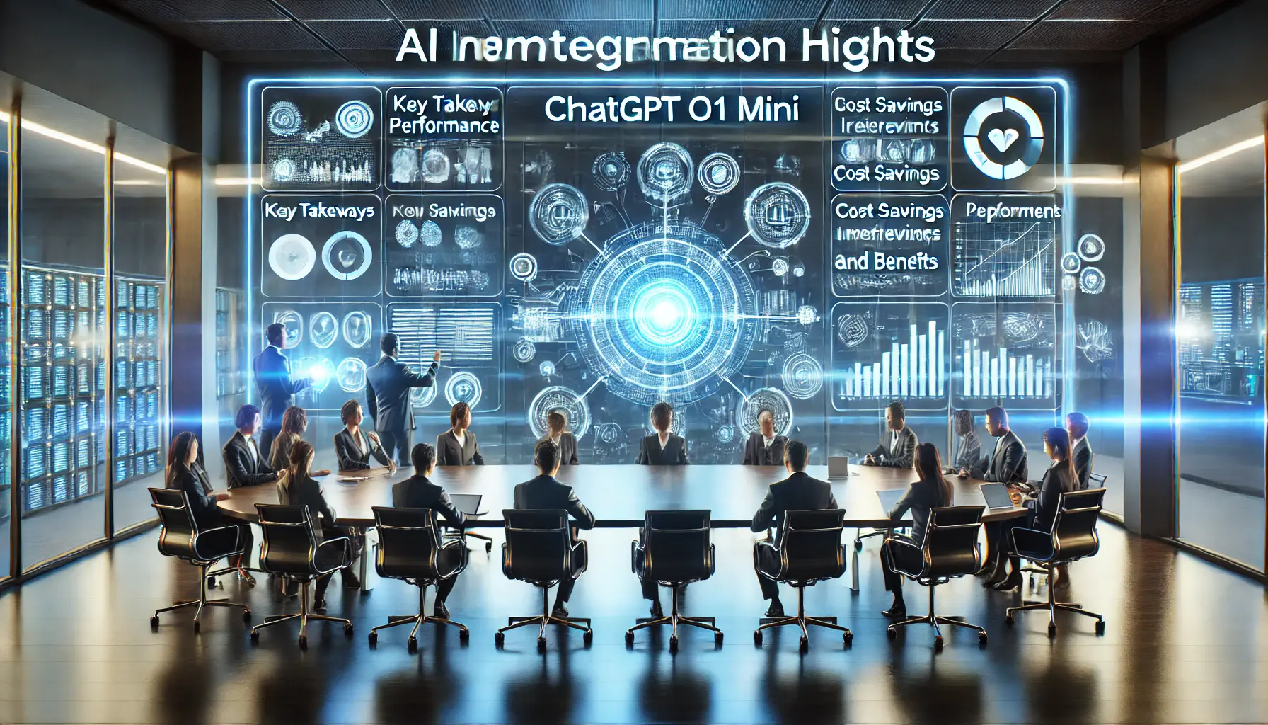 A high-tech conference room where professionals discuss key takeaways from ChatGPT o1 Mini integration, using holographic displays.