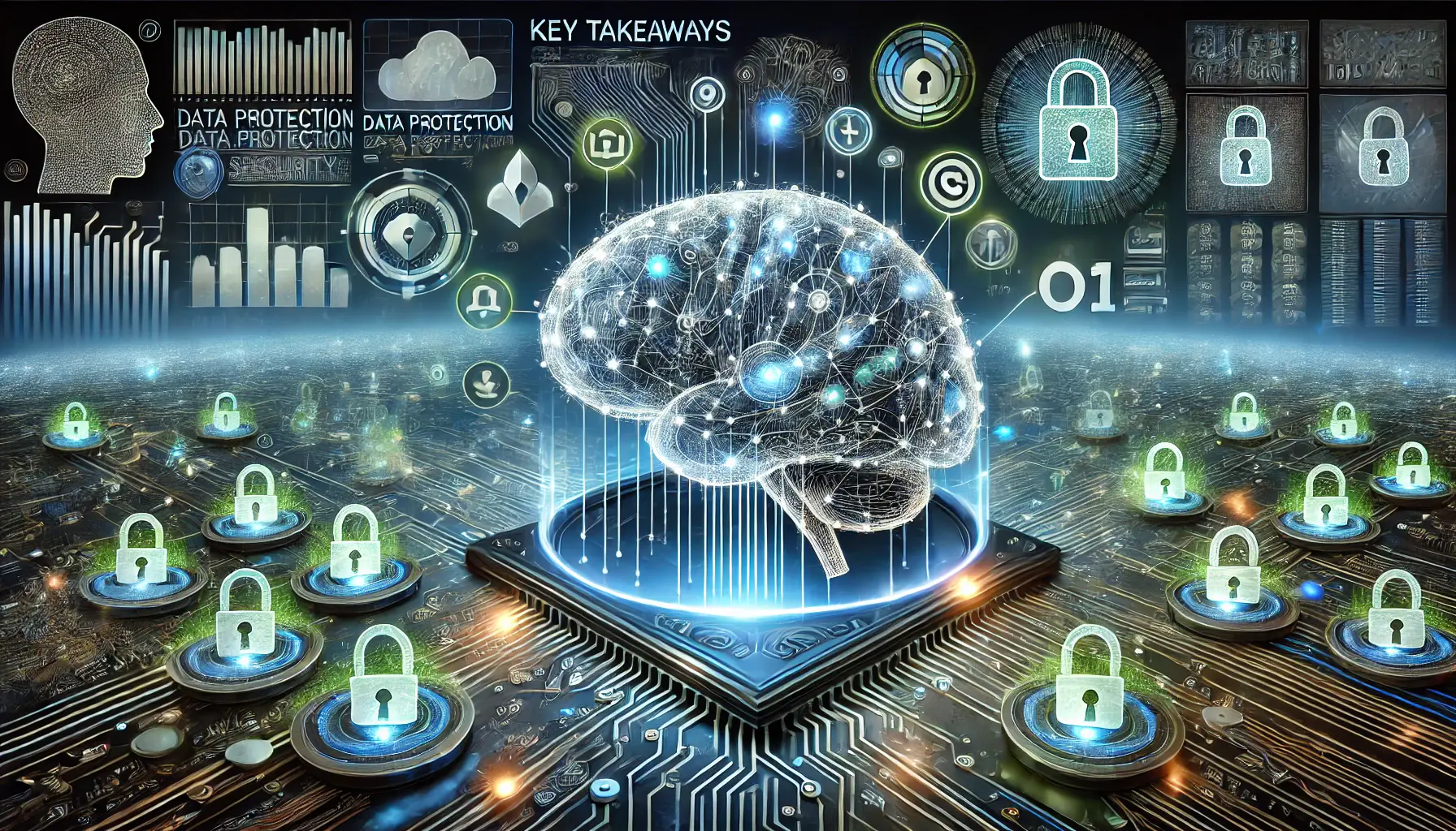 A digital concept featuring a secure AI brain surrounded by data protection shields, encryption symbols, and secure AI interfaces, symbolizing AI security key takeaways.