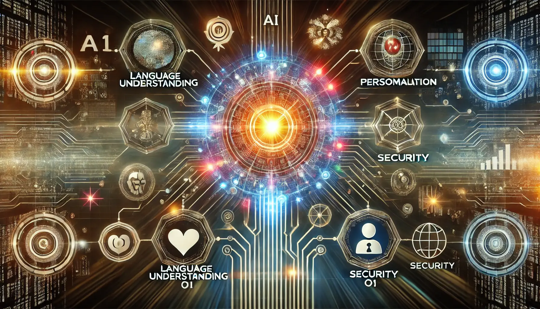 A futuristic AI system summarizing key takeaways on ChatGPT o1, visualized with a glowing AI core and data streams connecting to abstract icons representing language understanding, personalization, and security.