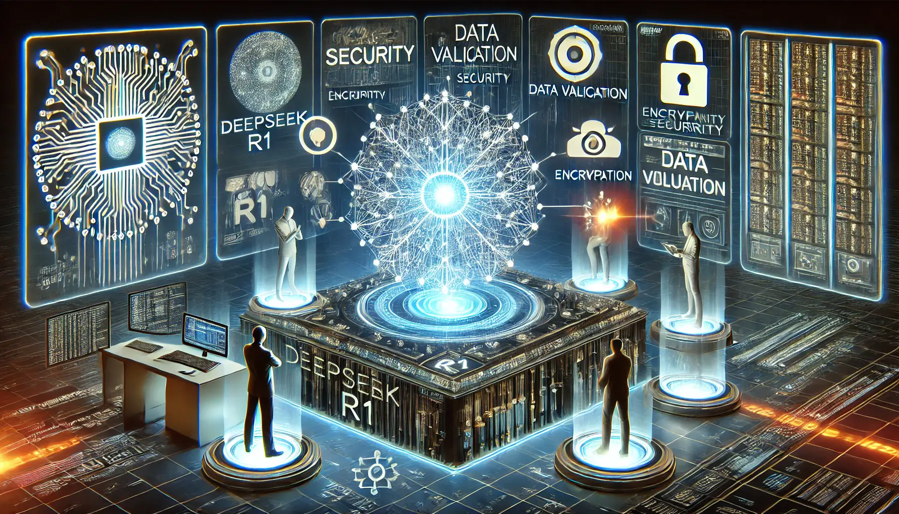 A digital interface displaying a neural network surrounded by encryption shields, data validation, and access control mechanisms, with experts analyzing security vulnerabilities.