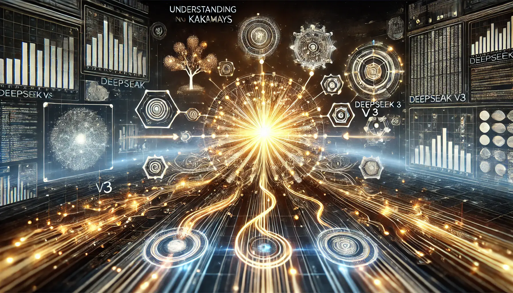 A glowing neural network surrounded by abstract symbols representing milestones, with radiant data streams symbolizing the progress of DeepSeek v3.