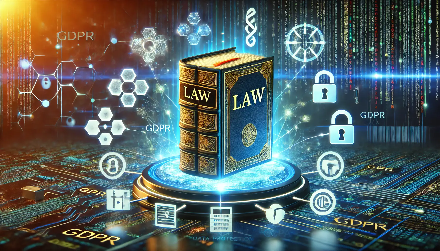 A digital concept featuring a glowing law book surrounded by secure data storage and encryption symbols, symbolizing the importance of understanding data protection legislation.